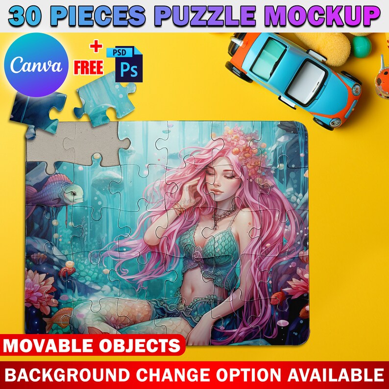 Peut inclure: Une maquette de puzzle de 30 pi&egrave;ces repr&eacute;sentant une sir&egrave;ne aux cheveux roses et &agrave; la queue verte, entour&eacute;e d'images sous-marines. Le puzzle est sur un fond jaune avec une voiture jouet bleue et d'autres objets.