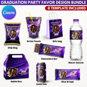 8X Graduation Party Favor Template Bundle, Violet Canva Editable Graduation Treats Design, Party Favor Custom Water Labels, Chip Bag Wrapper