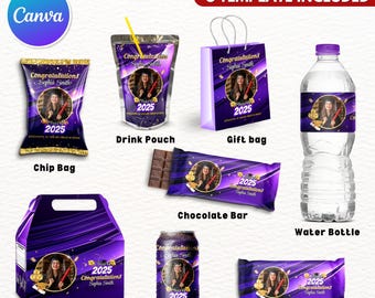 8X Graduation Party Favor Template Bundle, Violet Canva bearbeitbares Abschluss-Leckereien-Design, Party Favor Benutzerdefinierte Wasseretiketten, Chip Bag Wrapper