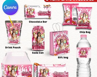 8X Birthday Party Favor Template Bundle, Pink Theme Canva Editable Birthday Treats Design Party Favor Custom Water Labels, Chip Bag, Wrapper
