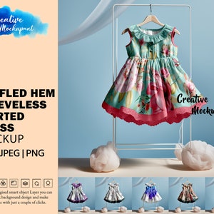 Skirted Dress Mockup | Ruffle Hem Sleeveless Dress Mockup | Girl&#39;s Dress Mockup | Insert Design Via Photoshop Smart PSD, Canva PNG
