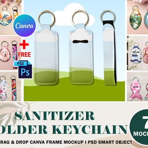 May include: Seven mockups of a customizable keychain with a pocket for a small bottle of hand sanitizer. The keychain is made of a soft, flexible material and comes in a variety of colors and patterns. The mockups show the keychain with different designs, including a floral pattern, a geometric pattern, and a cartoon character. The text "SANITIZER HOLDER KEYCHAIN" is displayed at the bottom of the image. The text "EASY DRAG & DROP CANVA FRAME MOCKUP I PSD SMART OBJECT" is displayed below the text "SANITIZER HOLDER KEYCHAIN". The text "7 MOCKUPS" is displayed in a circle at the bottom right of the image.