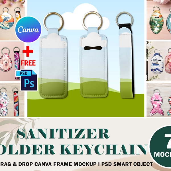 Canva 7 Sanitizer Holder Lip Gloss Holder Keychain Mockup Bundle, 7 Different Shapes Included, Change Background & Design Via PSD And Canva