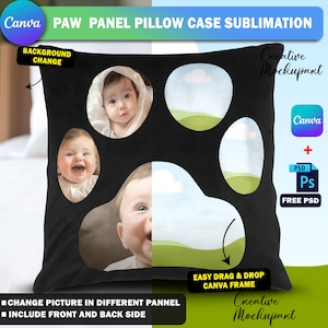 May include: Black pillow case with a paw print design. The paw print is divided into four sections, each featuring a different image. The images include a baby, a landscape, and clouds. The pillow case is for sublimation printing and can be customized with different images.