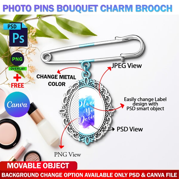 Brooch Photo Pin Mockup, Photo Pins Bouquet Charm Mockup, Brooch Pin Cham With Pendant Mockup, Add Design & Background Via PSD Canva