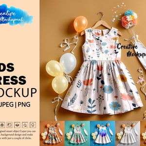 Kids Dress Mockup | Realistic Children&#39;s Clothing Mock-Up | Toddler Dress Mockup | Insert Your Design Via Photoshop PSD, Canva PNG & JPG