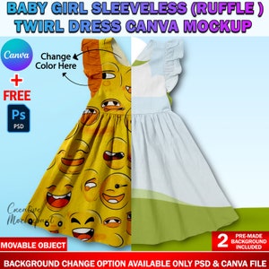 Canva Frame Baby Girl Sleeveless (Ruffle) Twirl Dress Mockup, Insert Design & Background Via Smart PSD And Drag And Drop Easy Canva Frame