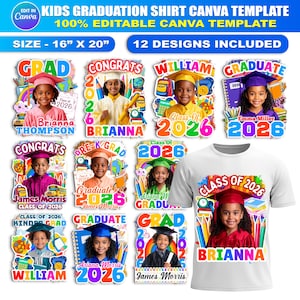 May include: A white t-shirt with a graduation theme, featuring a design with a child in a graduation cap and gown, the text "Class of 2026" and the name "Brianna". The image also includes 12 different graduation shirt designs.