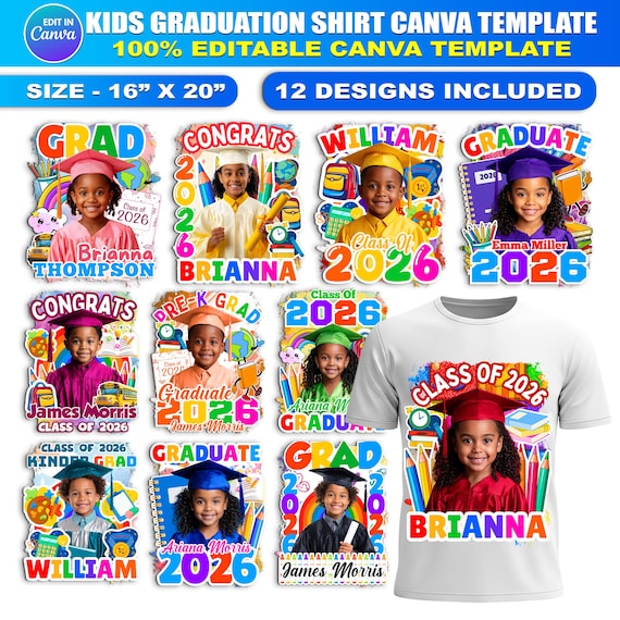 12 Kids Graduation T-Shirt Bundle for Canva, Editable Pre-K to Elementary Grad Shirt Templates, Kindergarten Graduate Bootleg Shirt DIY