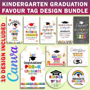 10x Kindergarten Graduation Favor Tag Design Template Bundle, Congratulations Kinder Grad Gift Tag, Editable Canva Thank You Tag