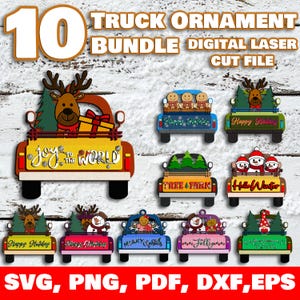 10x Christmas Truck Ornament Laser Cut SVG File Bundle, Laser Cut File | Christmas Ornament Kit | Ornament SVG | Xmas Truck Ornament Bundle