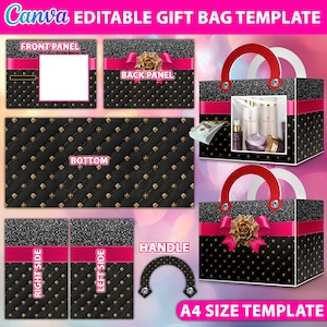 May include: Printable gift bag template with a black and gold quilted pattern, pink ribbon, and a gold rose. The template includes instructions for the front, back, bottom, sides, and handle. A4 size template.