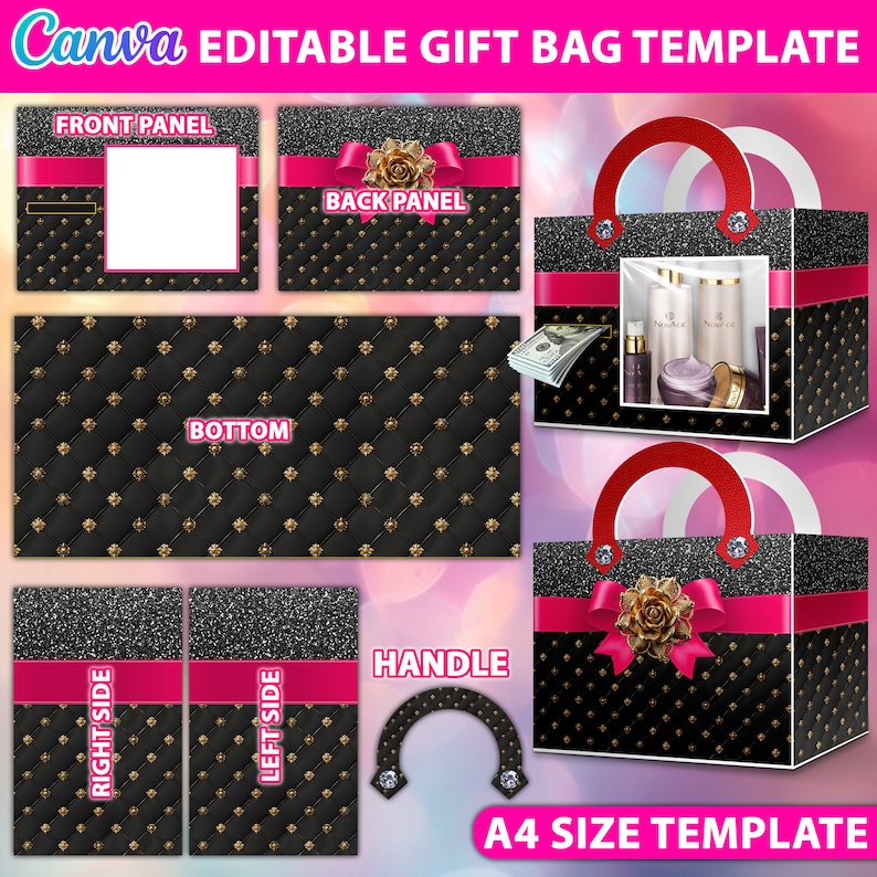 May include: Printable gift bag template with a black and gold quilted pattern, pink ribbon, and a gold rose. The template includes instructions for the front, back, bottom, sides, and handle. A4 size template.