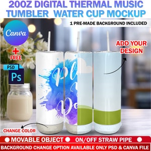 Canva 20oz Digital Thermal Music Tumbler Mockup, 20oz Skinny Tumbler Mockup, Change Speaker Color, Background Add Design Via PSD Canva Frame