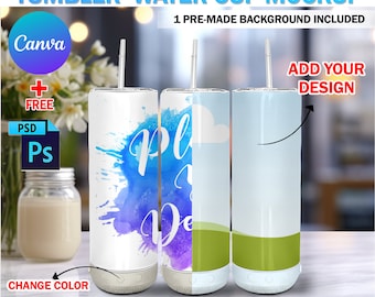 Canva 20oz Digital Thermal Music Tumbler Mockup, 20oz Skinny Tumbler Mockup, Change Speaker Color, Background Add Design Via PSD Canva Frame