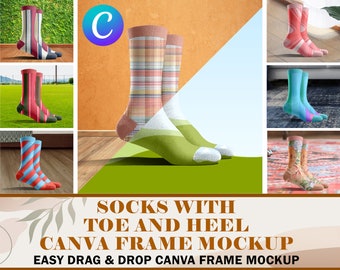 Canva Socks With Separated Toe and Heel Mockup For Dye Sublimation | Crew Socks Mockup | Drag & Drop To Change Background And Insert Design