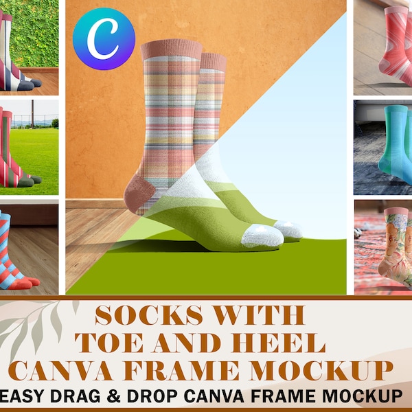 Canva Socks With Separated Toe and Heel Mockup For Dye Sublimation | Crew Socks Mockup | Drag & Drop To Change Background And Insert Design