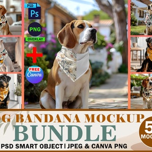 50x Dog Bandana PSD Mockup Bundle, Pet Bandana Template, Bandana Collar Drag & Drop Easy Canva Frame And Photoshop PSD Mockup