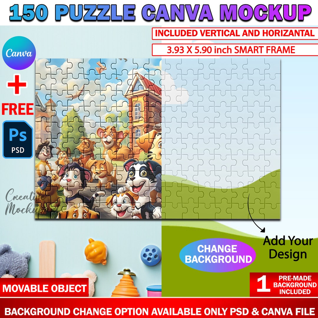 Canva 150 Piece Puzzle Mockup, Jigsaw Puzzle Template for Sublimation