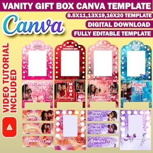 Plantilla Canva para 6 cajas de regalo de tocador para el Día de la Madre, caja de regalo de cartón pluma, bolsa de regalo de lujo editable, regalo de cumpleaños DIY, maquillaje