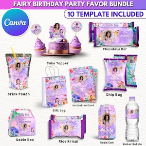 May include: A collection of party favors for a fairy-themed birthday, including a cake topper, drink pouch, chip bag, gable box, gift bag, invitation card, rice krispies, soda can, and water bottle. Each item features a photo of a girl and the text "Angela's 5th Birthday".