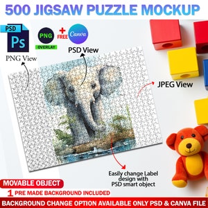 Dye Sublimation 500 Piece Puzzle Mockup, Jigsaw Puzzle Template, Insert Your Own Design & Background Via Smart Canva Frame And Photoshop PSD