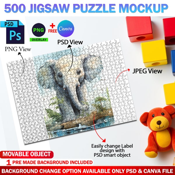 Dye Sublimation 500 Piece Puzzle Mockup, Jigsaw Puzzle Template, Insert Your Own Design & Background Via Smart Canva Frame And Photoshop PSD