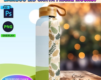 Canva 20oz Frosted Water Bottle With Bamboo Lid Mockup DYE Sublimation Frosted Juice Bottle Mockup Insert Design Via Drag & Drop Canva Frame