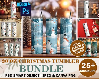 25 Christmas PSD Tumbler Mockup Bundle | 20oz Skinny Tumbler Mockups| 3 Balanced Tumbler Template, 25 Pre-Made Christmas Background Included