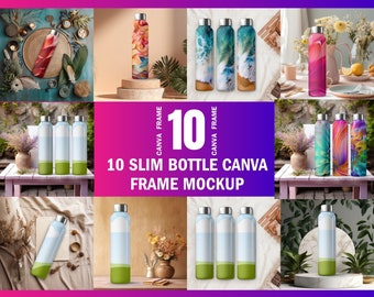 Ramka Canva 10 Slim Bottle Mockup | Makieta stalowej butelki na wodę | 10 gotowych teł w zestawie | Zmień tło, dodaj projekt za pośrednictwem Canva