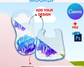 Canva Burp Cloth Mockup, Baby Burp Cloth And Bib Mockup For Sublimation, Insert Design & Background Via Photoshop Smart PSD And Canva Frame