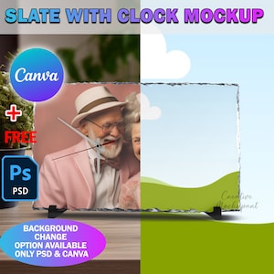 May include: A slate clock mockup with a photo of an older couple on the left side and a blank slate on the right side. The slate is on a wooden surface. The text "SLATE WITH CLOCK MOCKUP" is at the top of the image. The text "Canva" is in a blue circle on the left side of the image. The text "+ FREE" is in a white circle on the left side of the image. The text "Ps PSD" is in a blue square on the left side of the image. The text "BACKGROUND CHANGE OPTION AVAILABLE ONLY PSD & CANVA" is in a purple oval on the bottom left side of the image. The text "Creative Mockepart" is on the right side of the image.