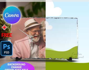 Canva Rahmen Rechteck Schiefer mit Uhr Mockup für Sublimation, Foto Schiefer Uhr Mockup, Insert Design & Hintergrund über Canva Rahmen und PSD