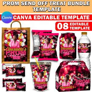 Prom Packaging Template Bundle, Yellow & Pink Prom Send Off Treats, Personalized Editable Canva Party Bundle, Custom Water Labels, Chip Bag