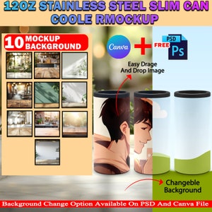 Canva 12oz Stainless Steel Slim Can Cooler Mockup For Sublimation, 12oz Skinny Can Cooler Full Wrap Insert Design & Background Via PSD Canva