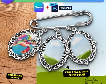 Canva Brooch Pin Cham With Pendant Mockup For Graduation, Brooch Pin Mockup, Photo Pins Bouquet Charm Mockup, Add Design & BG Via PSD, Canva