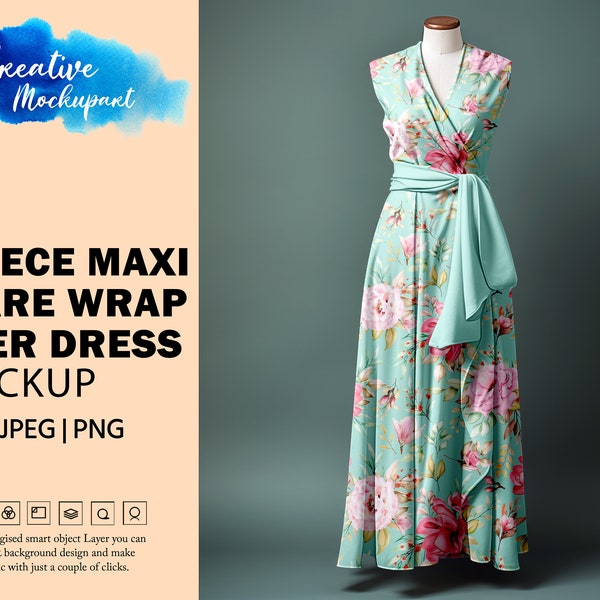 Fleece Maxi Flare Wrap Over Dress Mockup | Long Maxi Dress Mockup | Change Background, Add Your Design Via Photoshop PSD, Canva PNG & JPG