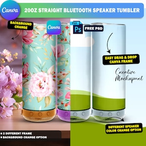Canva 20oz Straight Bluetooth Speaker Tumbler Mockup, 20oz Skinny Tumbler Mockup, Change Speaker Color, Background, Add Design Via PSD Canva