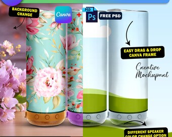 Maqueta de vaso con altavoz Bluetooth recto de 20 oz Canva, maqueta de vaso delgado de 20 oz, cambiar color de altavoz, fondo, agregar diseño a través de PSD Canva