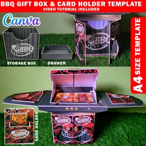 May include: A printable template for a BBQ-themed gift box and card holder. The template includes a storage box, a drawer, and a card holder that resembles a grill. The template is designed to be printed on A4 size paper.
