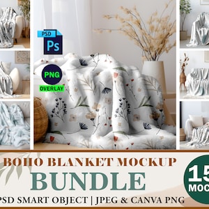 Boho Blanket Mockup Bundle, Through Fleece Sherpa Velveteen Plush Microfiber Minky Blanket Mockup, Insert Design Via PSD, Canva PNG & JPG