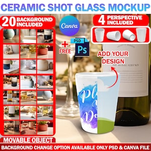 Canva Ceramic Shot Glass Sublimation Mockup, Liquor Glass Mockup, Insert Own Design & Background (20 Included) Via PSD And Canva Frame