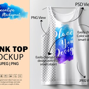 K&ouml;nnte beinhalten: Ein wei&szlig;es Tanktop-Mockup mit einem blauen und violetten Aquarell-Design, auf dem "Place Your Design" steht. Das Mockup befindet sich auf einem wei&szlig;en Hintergrund und hat einen Kleiderb&uuml;gel. Das Bild enth&auml;lt den Text "PSD View", "PNG View" und "JPEG View".