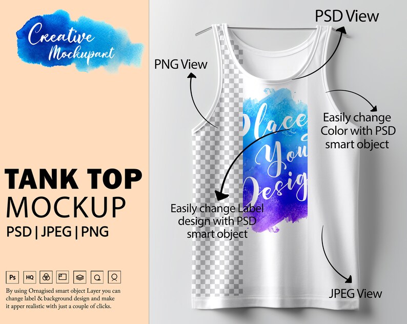 K&ouml;nnte beinhalten: Ein wei&szlig;es Tanktop-Mockup mit einem blauen und violetten Aquarell-Design, auf dem "Place Your Design" steht. Das Mockup befindet sich auf einem wei&szlig;en Hintergrund und hat einen Kleiderb&uuml;gel. Das Bild enth&auml;lt den Text "PSD View", "PNG View" und "JPEG View".