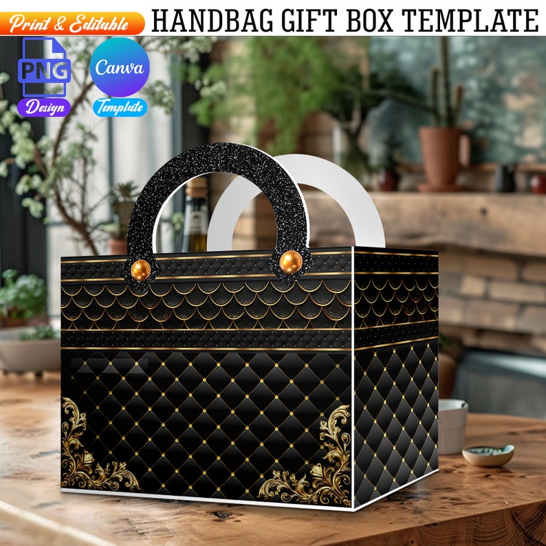 May include: Black and gold handbag gift box template with a quilted pattern and gold accents. The box has a handle and is perfect for packaging gifts.