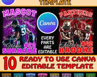 Plantilla Canva de camiseta de mascota de fútbol personalizable: perfecta para la fiesta de bienvenida, el espíritu escolar, el collage estilo años 90, los diseños PNG, DTF y de sublimación