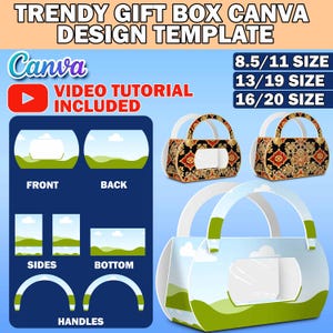 May include: A Canva design template for a trendy gift box with a handle. The template includes different views of the box, including the front, back, sides, bottom, and handles. The box is decorated with a blue sky, green grass, and white clouds. The text "8.5/11 SIZE", "13/19 SIZE", and "16/20 SIZE" is also included in the image.