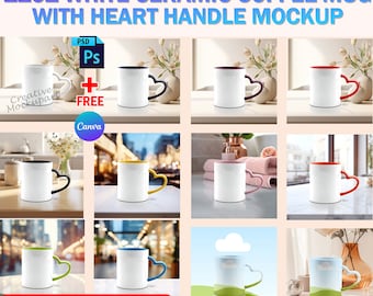 11oz Ceramic Coffee Mug With Heart Handle Mockup Bundle, 10 Pre-Made Cup and Handle Color & 6 Background Included, PSD And Canva Frame