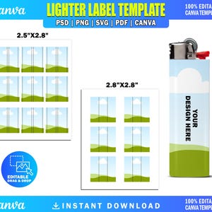 May include: A digital lighter label template featuring two sheets of labels measuring 6.35 cm by 7.11 cm and 7.11 cm by 7.11 cm. The design includes a blue sky with white clouds and green hills. A sample lighter shows the text YOUR DESIGN HERE.