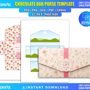 May include: A digital template for a chocolate bar purse featuring an 11 inch by 8.5 inch page size. The design includes a floral pattern with a label reading A Sweet GIFT For You, alongside flat layouts showing tulip and landscape graphics.